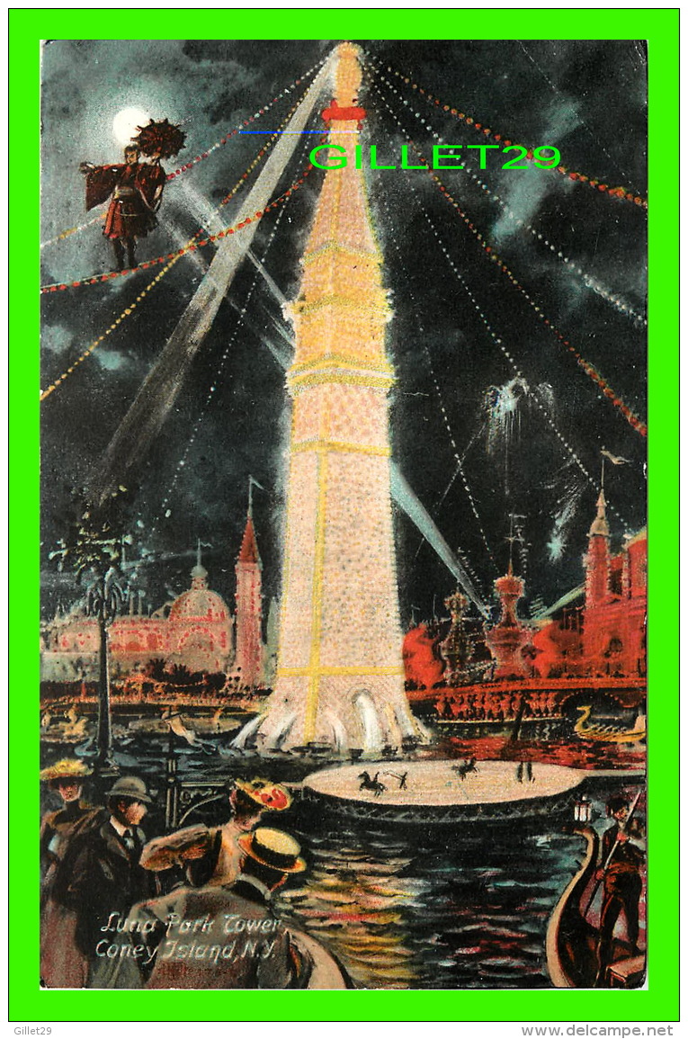 CONEY ISLAND, NY -  LUNA PARK TOWER AT NIGHT -  1906 ILLUSTRATED POST CARD &amp; NOV. CO - - Parks & Gärten