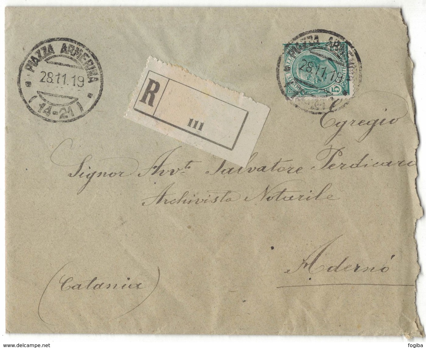 NO102  Storia Postale Raccomandata 1919 - Timbro Frazionario Piazza Armerina - Storia Postale