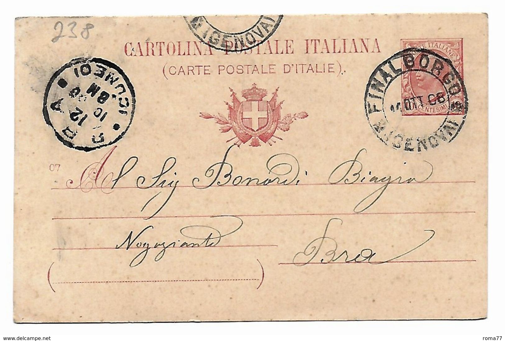 EDB238 - REGNO Cartolina Postale Da Finalborgo 11/10/1908 - Postwaardestukken