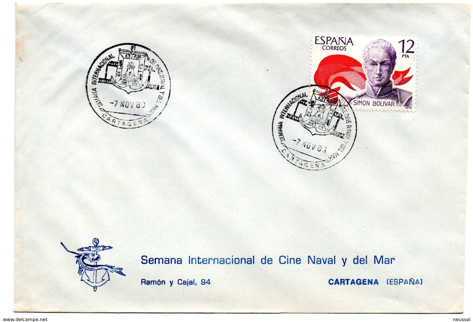 Carta Con Matasellos Commemorativo Semana De Cine Naval Y Del Mar Cartagena De 1980 - Cartas & Documentos