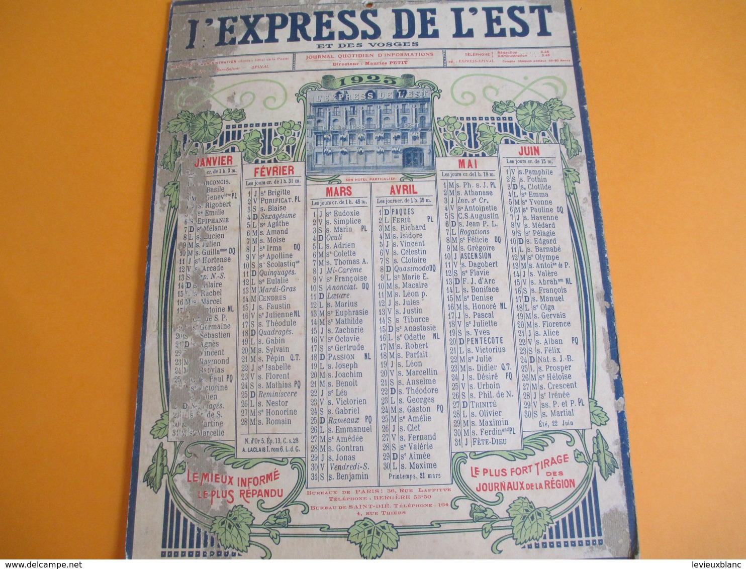 PRESSE/ Calendrier Mural Recto-Verso/Pop'Art/ L'Express De L'Est Et Des Vosges/Maurice Petit/EPINAL/1923       CAL386 - Formato Grande : 1921-40