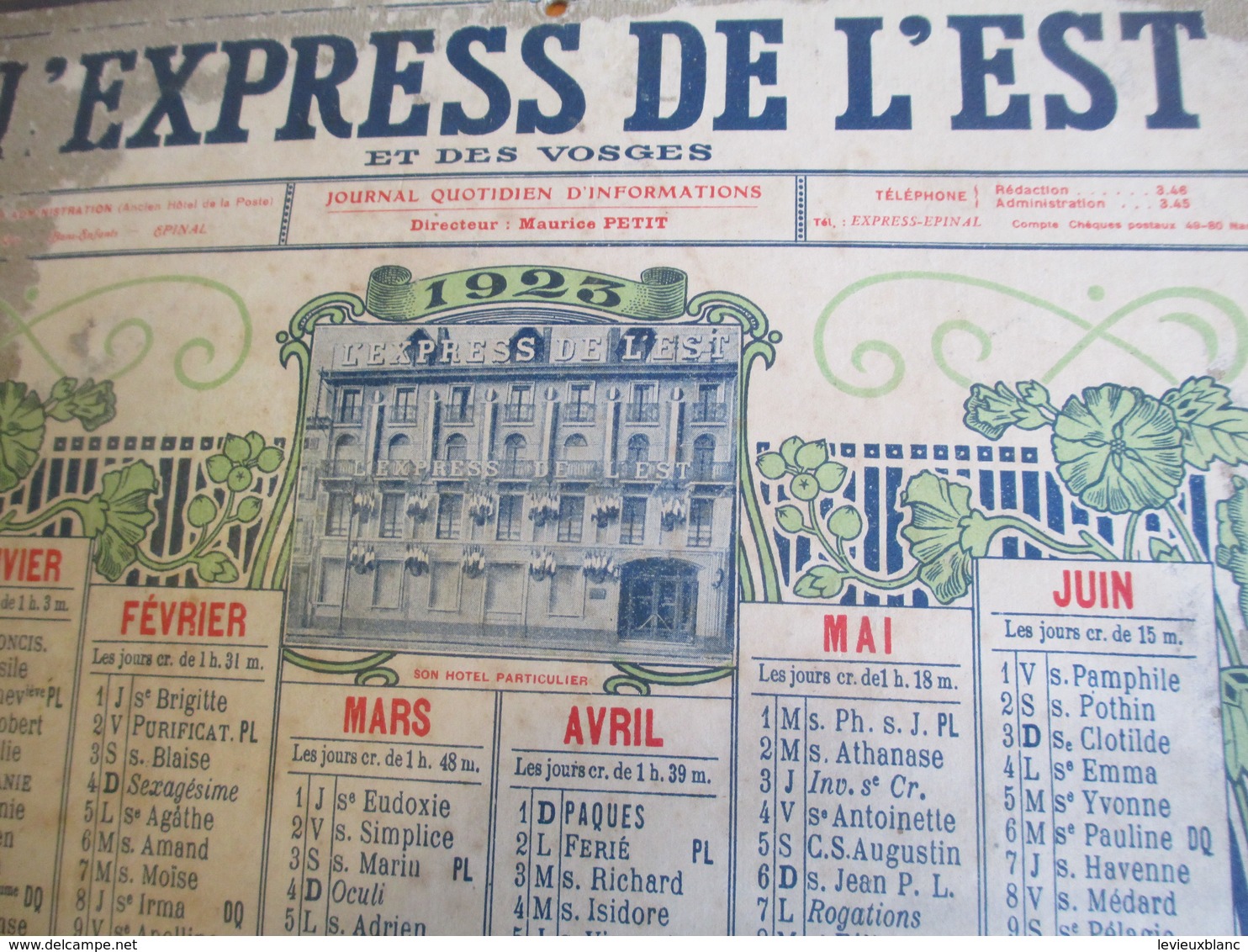 PRESSE/ Calendrier Mural Recto-Verso/Pop'Art/ L'Express De L'Est Et Des Vosges/Maurice Petit/EPINAL/1923       CAL386 - Big : 1921-40