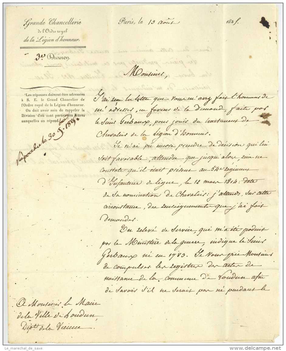 Gd Chancelier De L'ordre Royal De La LEGION D'HONNEUR 1825 Bureau Special Vicomte De Saint-Mars Marechal De Camp - 1801-1848: Précurseurs XIX