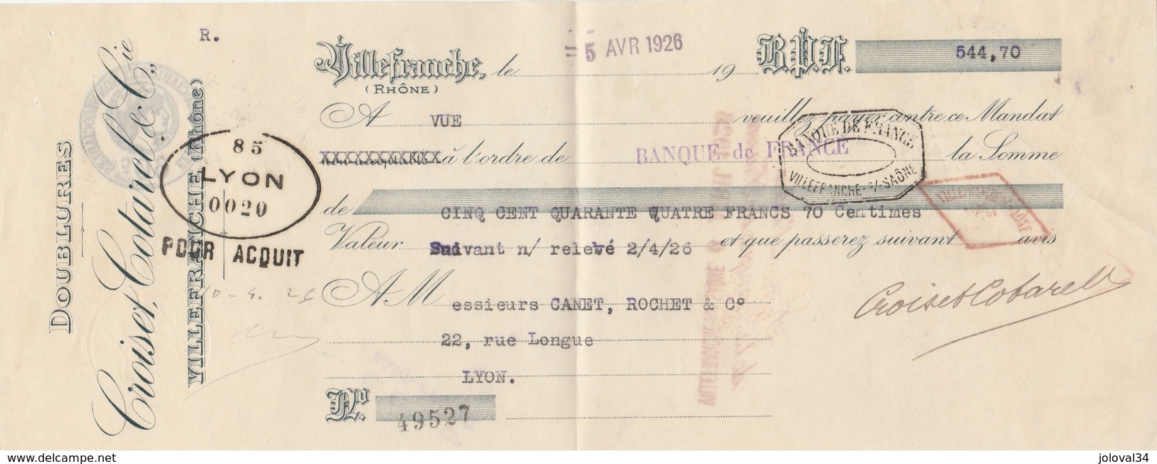 Lettre Change Mandat 5/4/1926 Croiset Cotarel Doublures VILLEFRANCHE Rhône à Canet Rochet Lyon Cachet Fiscal - Bills Of Exchange