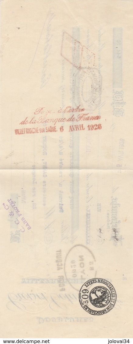 Lettre Change Mandat 5/4/1926 Croiset Cotarel Doublures VILLEFRANCHE Rhône à Canet Rochet Lyon Cachet Fiscal - Bills Of Exchange