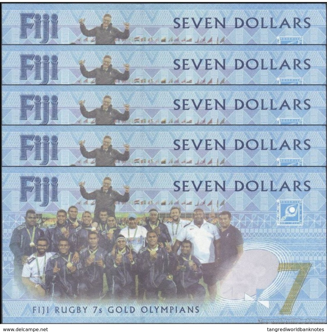 TWN - FIJI ISLANDS NEW - 7 Dollars 2017 DEALERS LOT X 5 - 2016 Fiji Rugby 7s Gold Medal Win - Prefix AU UNC - Fidji