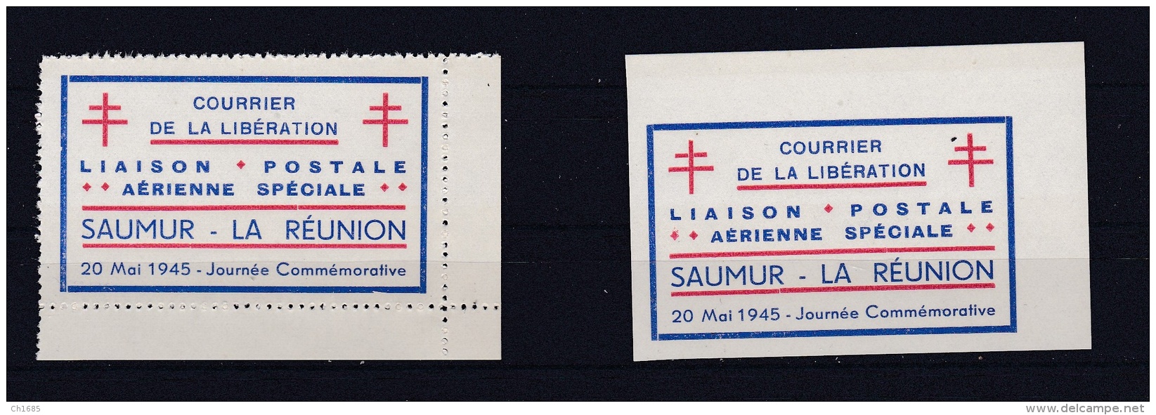 FRANCE   :    Paire Vignette " Courrier De La Libération De Saumur Liaison Saumur La Réunion " Dentelé Et Non Dentelé - Libération