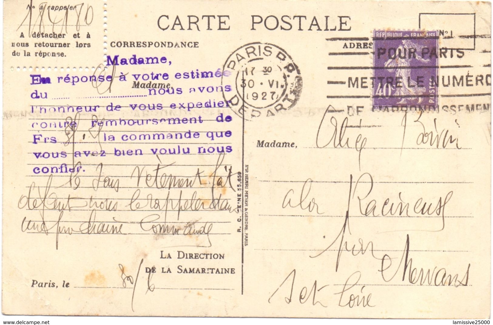 France 40 C Semeuse Roulette Sur Carte Du Bon Marche - Coil Stamps