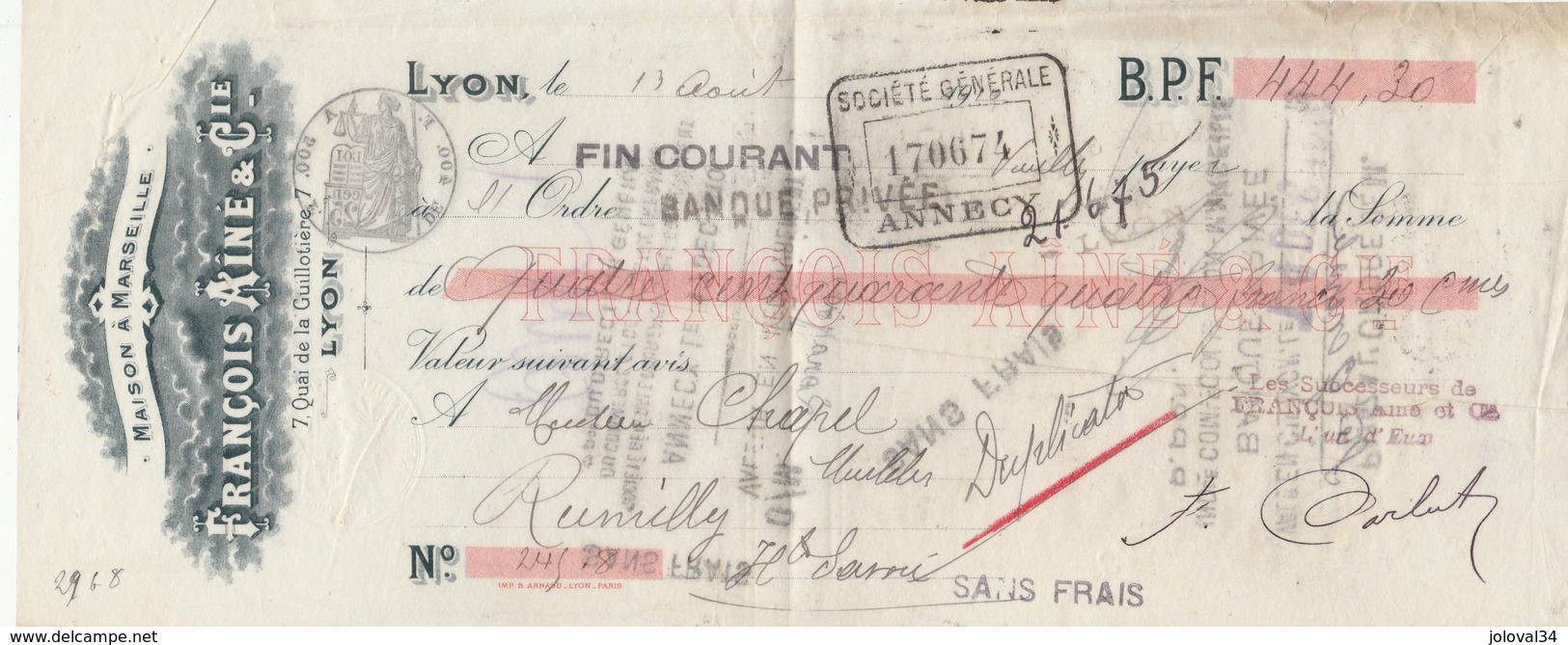 Lettre Change 13/8/1910 François Ainé LYON à Chapel Rumilly Haute Savoie Cachet Fiscal - Lettres De Change