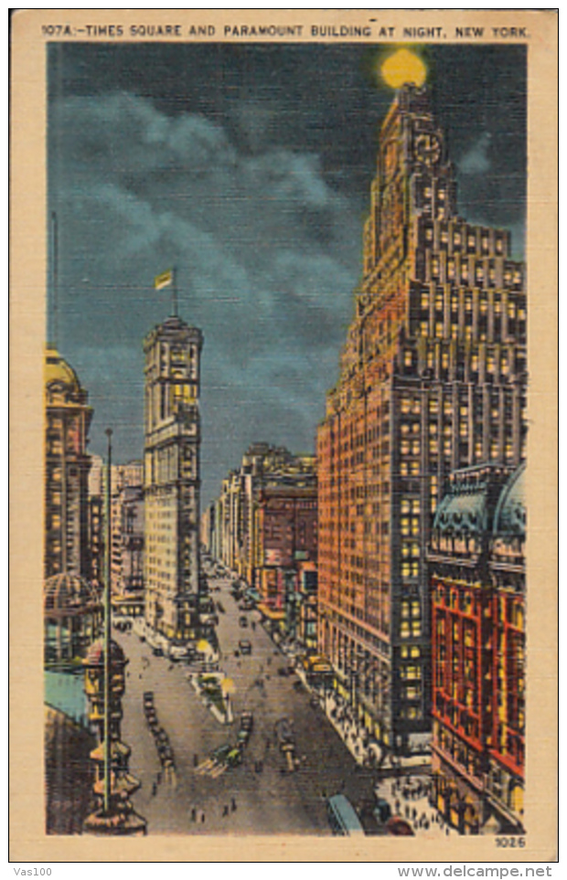 CPA NEW YORK CITY- TIMES SQUARE AND PARAMOUNT BUILDING BY NIGHT, CAR, BUSS - Time Square