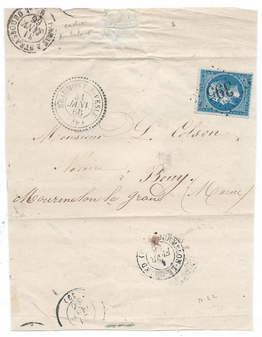 Lettre 1866 - 20c Bleu N°22 Losange GC 395 (Indice 8) + Cachet Ambulant Paris à Strasbourg (B) - Beaumont Sur Vesle (49) - 1849-1876: Classic Period