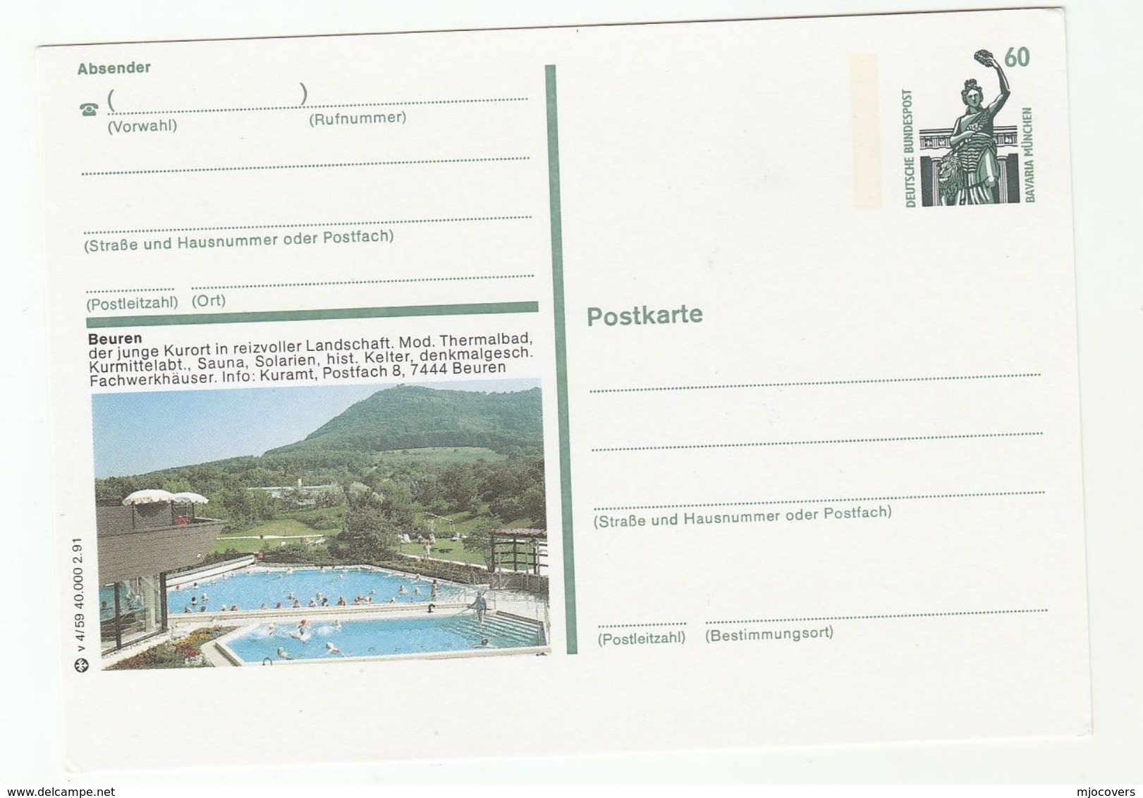 1991 GERMANY Postal STATIONERY CARD Illus BEUREN SWIMMING POOL , THERMAL BATHES  Cover Stamps Health Hydrotherapy - Bäderwesen