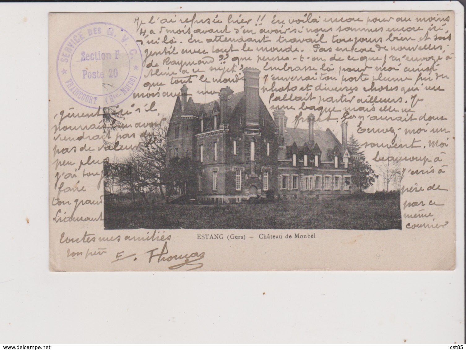 CPA - Cachet VRAINCOURT 52 - Service Des G V C Section F Poste 20 Aussi Au Dos - Estang - Chateau De Monbel ( Gers 32 ) - Autres & Non Classés