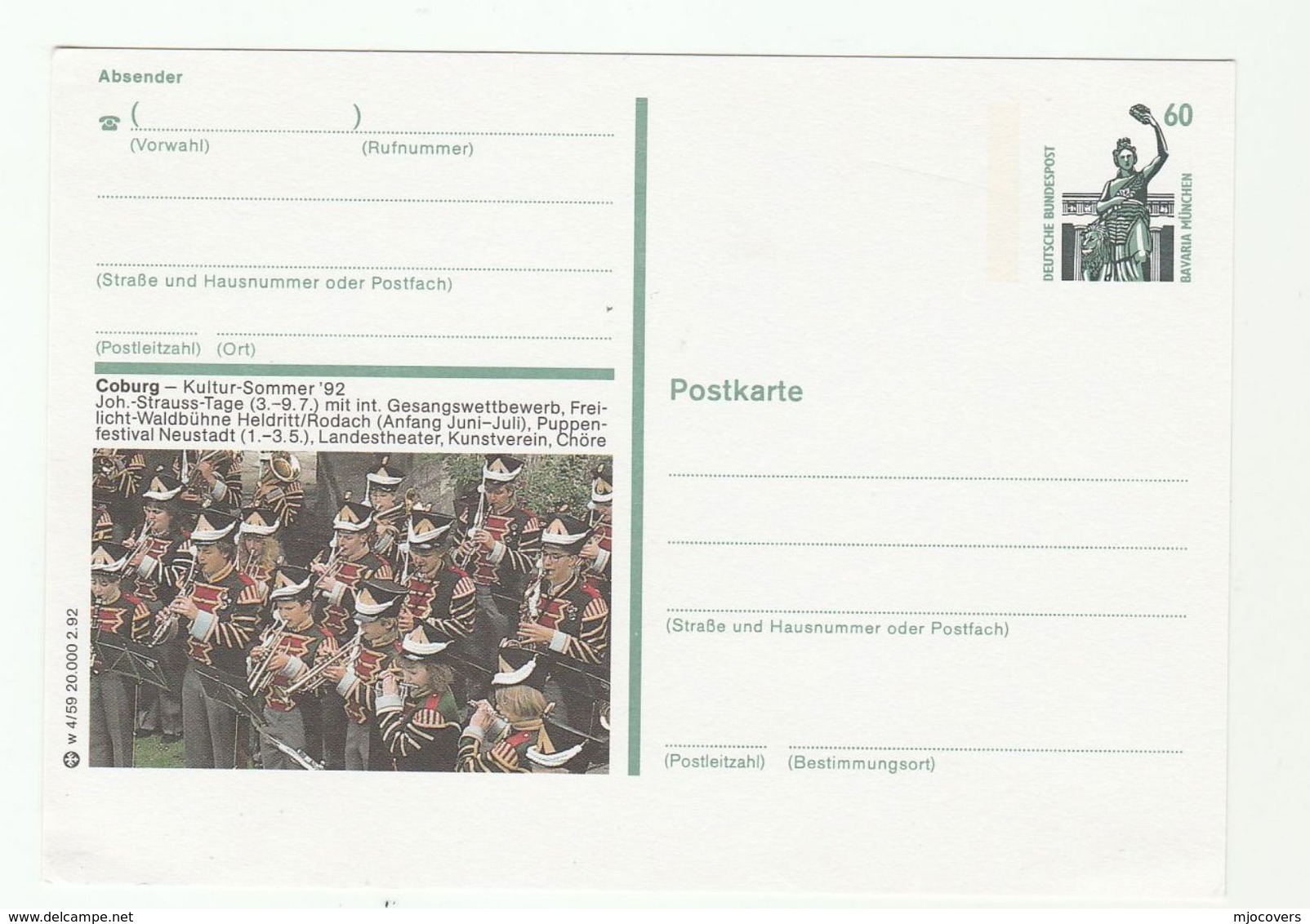 1992 STRAUSS DAY EVENT MUSIC  COBURG Germany Postal STATIONERY CARD Illus Cover Stamps - Music