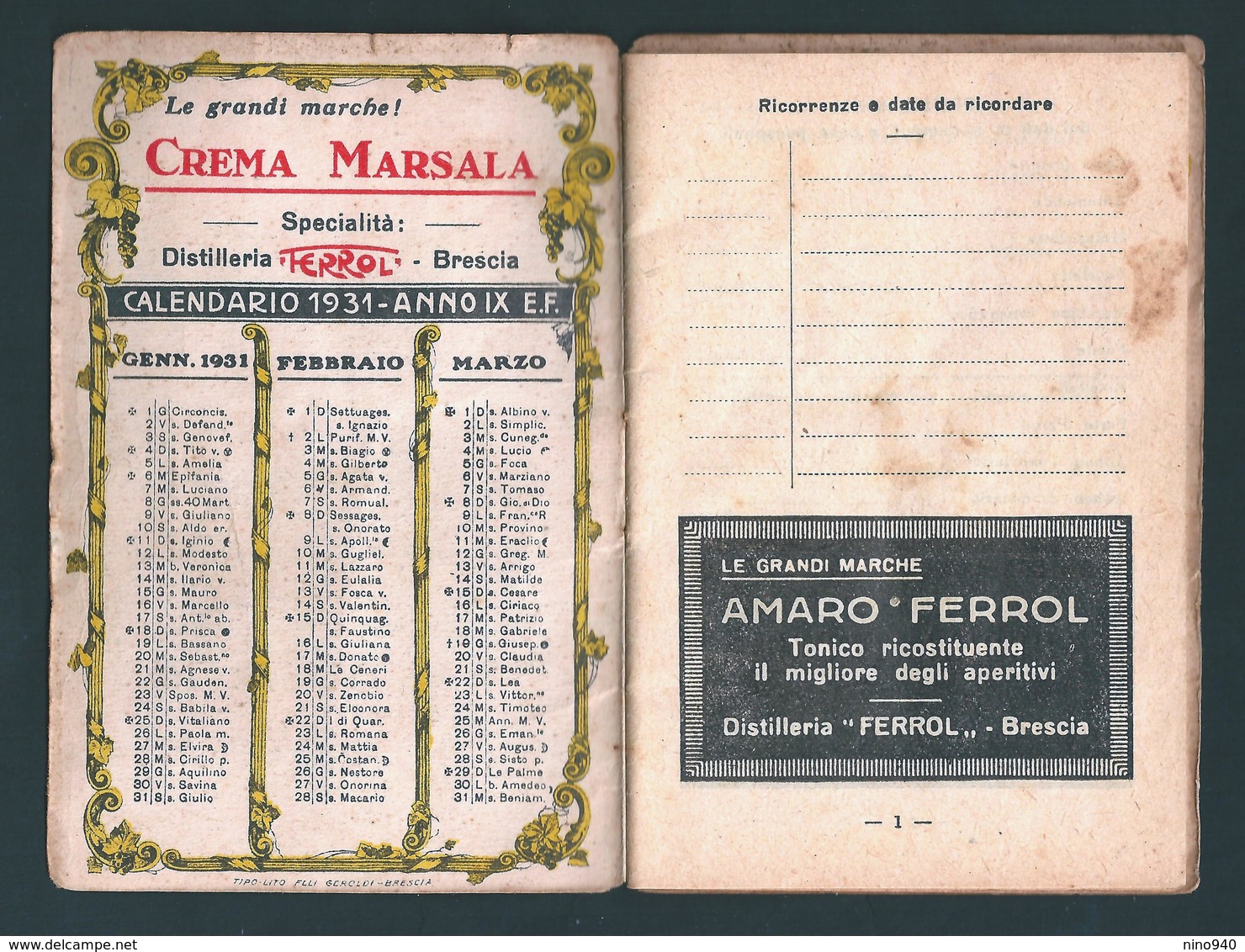 CALENDARIETTO - ANNO 1931 DISTILLERIA FERROL - BRESCIA - Altri & Non Classificati