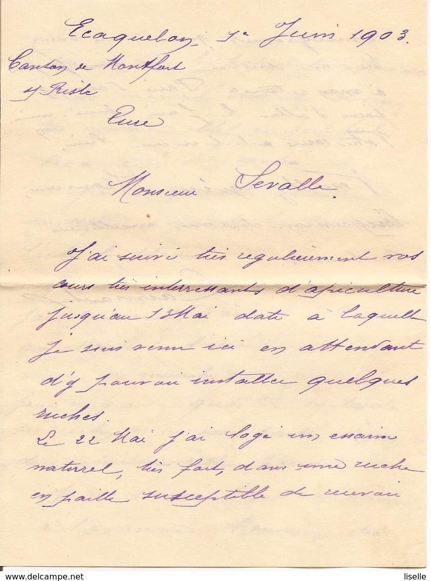 MOUCHON   Sur  LAC(écrite à ECAQUELON CANTON DE MONFORT S/ RISLE  OBLI  CONVOYEUR  " SERQUIGNY A ROUEN  "  Pour PARIS - 1877-1920: Semi Modern Period