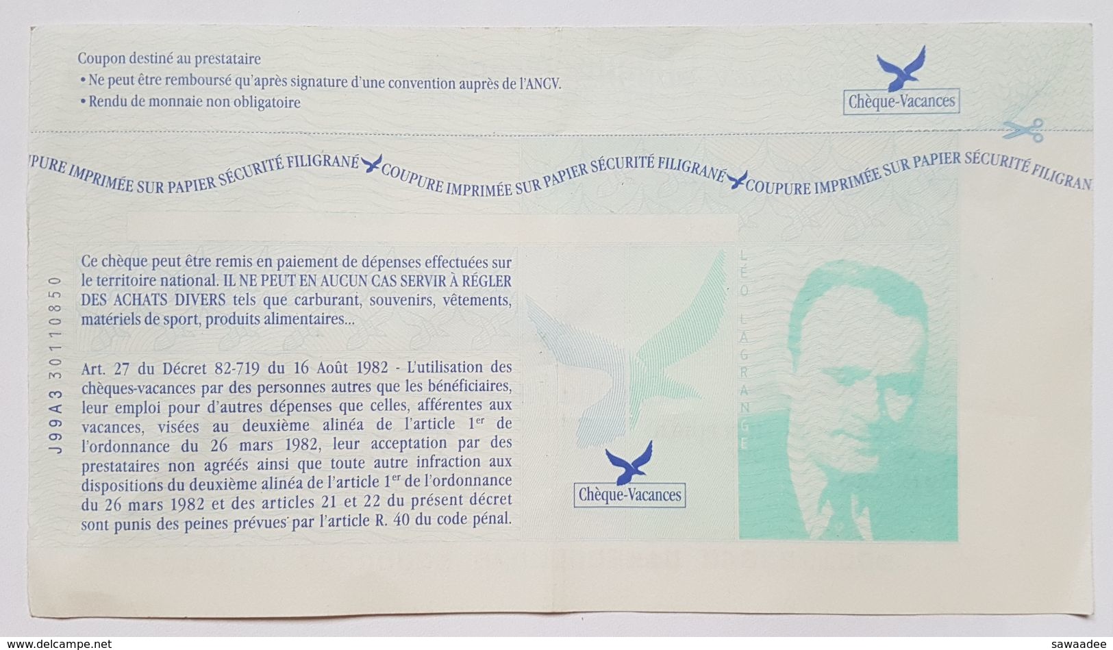 CHEQUE VACANCES - ANCV - MUTUALITE FONCTION PUBLIQUE - 2000 - 50 FRANCS - Cheques & Traveler's Cheques