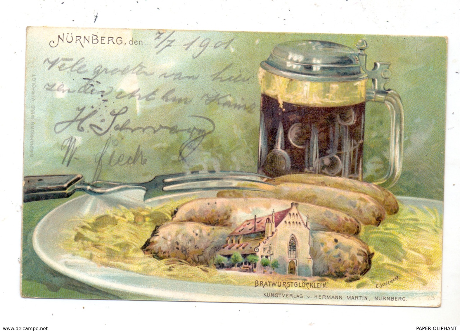 8500 NÜRNBERG, Brtwurstglöcklein, Nürnberger Rostbratwurst, Sauerkraut, Dunkelbier, 1901, Halt Gegen Licht/hold To Light - Nuernberg