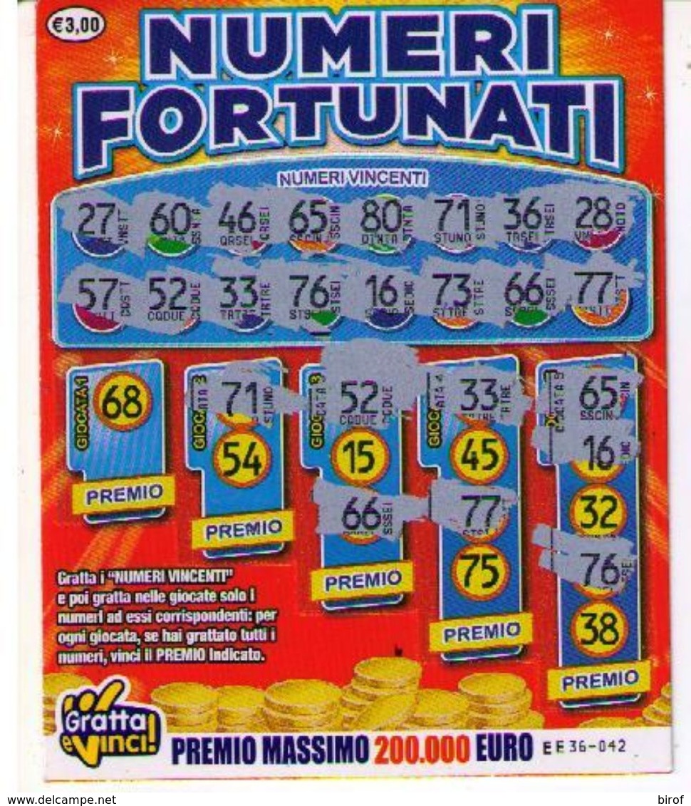 GRATTA E VINCI   - NUMERI FORTUNATI DA 3 €  - USATO Numero Serie EE Primo Numero 68 - Biglietti Della Lotteria