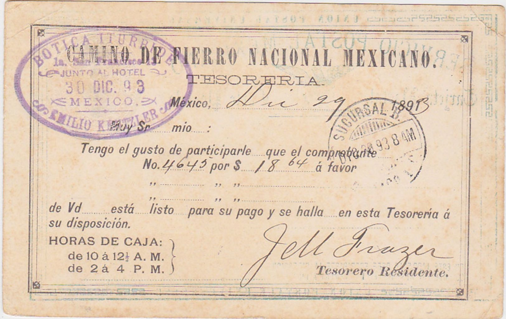 MEXICO 1893 P.ST.CARD IMPRINTED USED MEXICO D.F. - Mexique