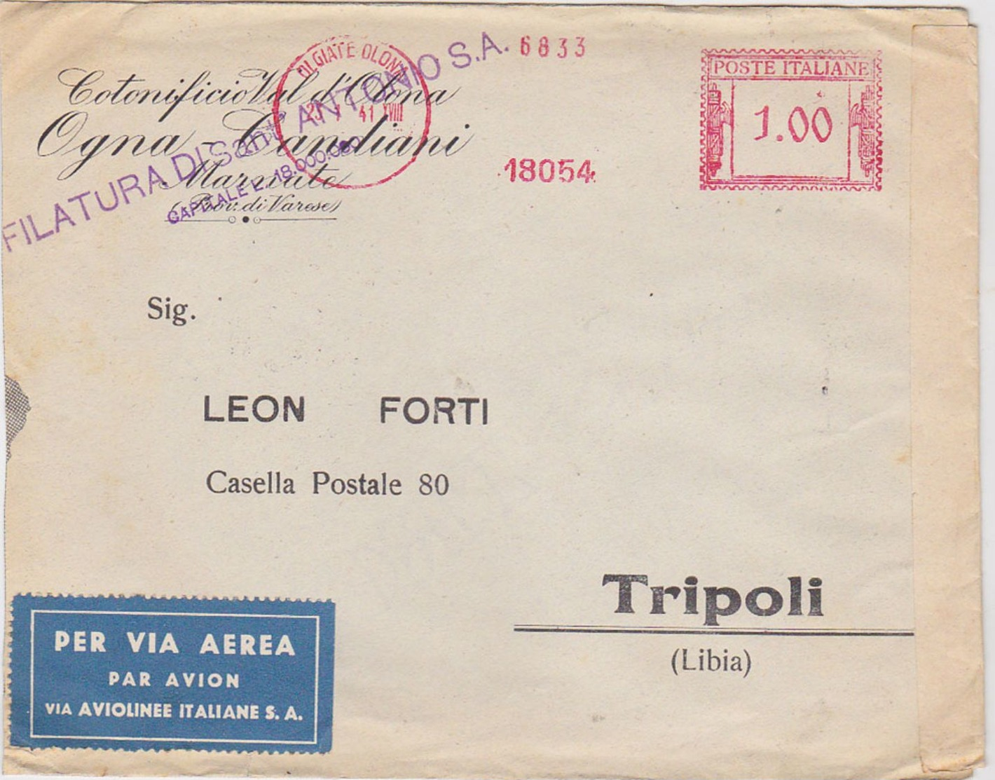 ITALY 1941 (25.1.) COMMERC.AIRMAIL COVER OLGIATE OLONA (Varese) TO TRIPOLI (Ital.Libya) CENSORED - Autres & Non Classés