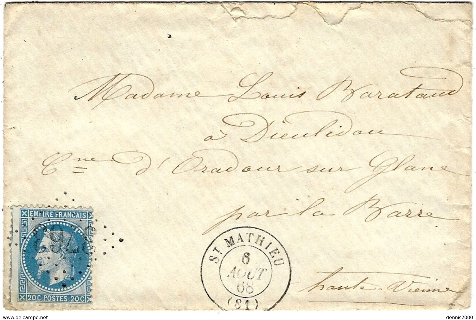 1868- Enveloppe De ST MATHIEU ( Hte Vienne) Cad T15 Affr. N°29 Oblit. G C 3763 - 1849-1876: Periodo Classico