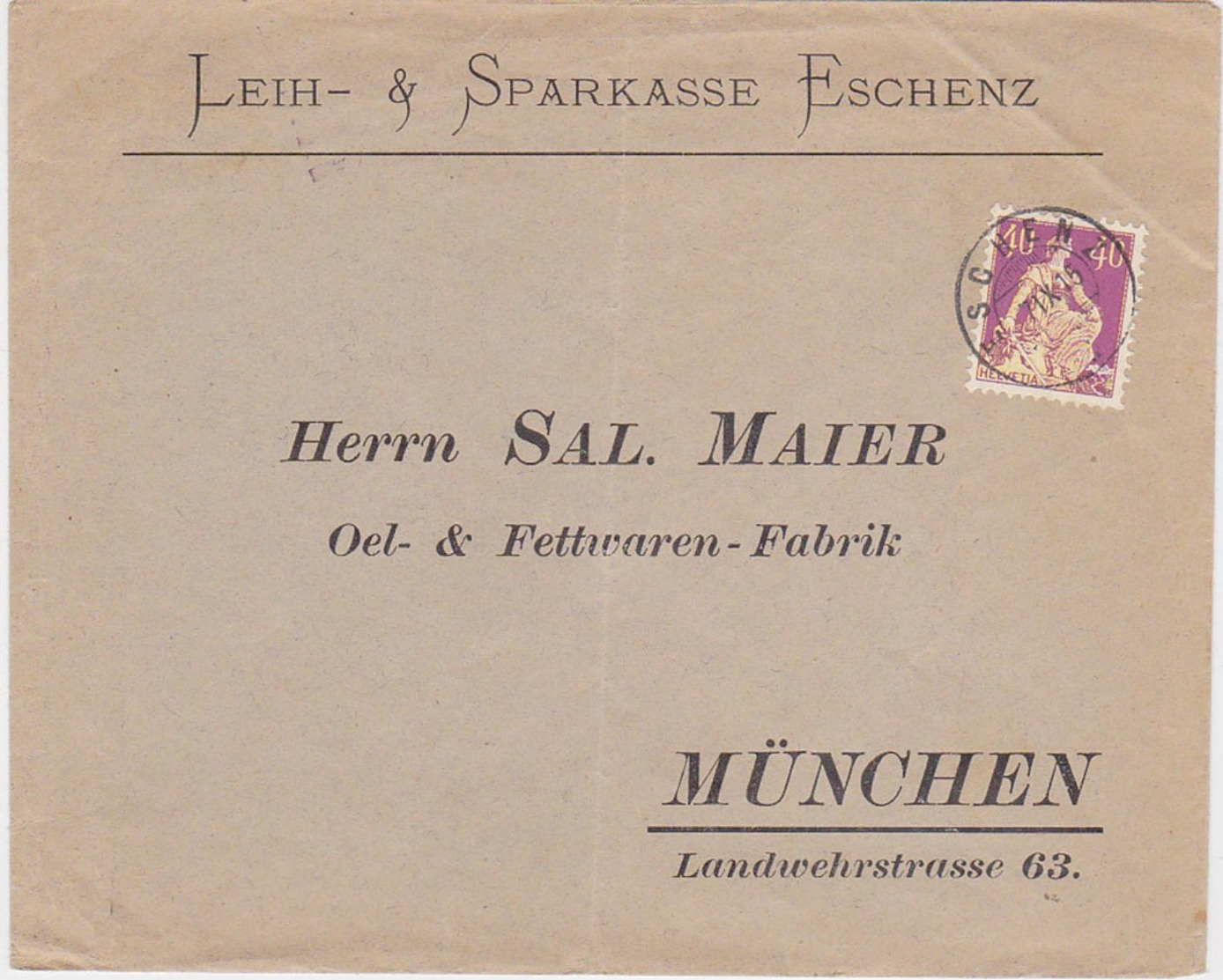 SWITZERLAND 1915 (7.9.) BANK COVER (Return Env.München Germany) USED POSTMARK "Eschenz" - Eschenz