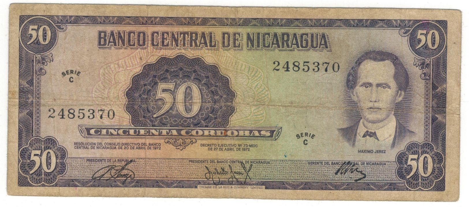 Nicaragua, 50 Cordobas 1972, F/VF. - Nicaragua