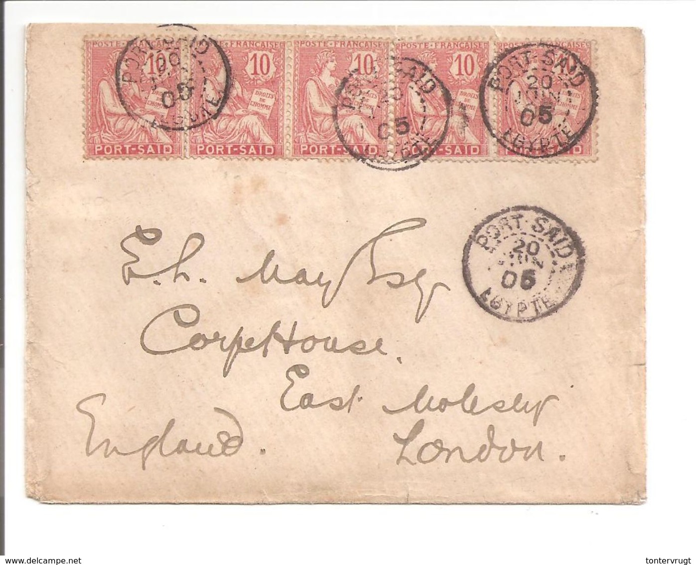 Port Saïd Egypte 5x 10 Ct Type Mouchon1905>London - Lettres & Documents