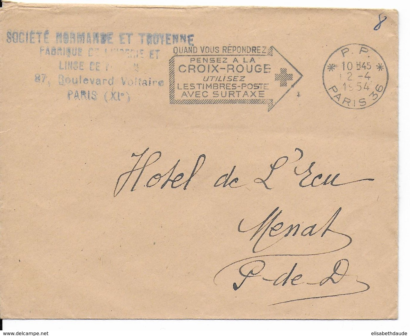 1954 - OMEC - PARIS 36 - MECA PP "PENSEZ A LA CROIX-ROUGE..." Sur ENVELOPPE - Croix Rouge