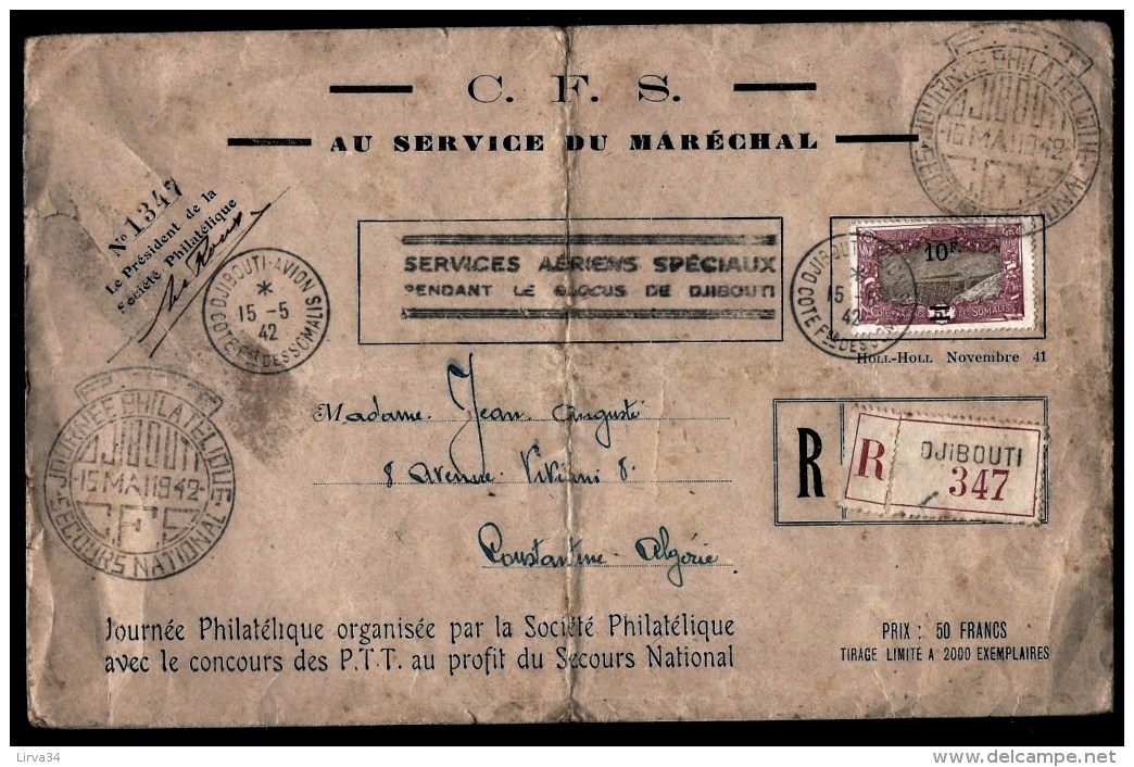 LETTRE  RECOMMANDÉE AERIENNE- BLOCUS DE DJIBOUTI POUR ALGÉRIE- SERVICES AERIEN SPECIAUX- TIMBRE SURCHARGÉ 1942 - Lettres & Documents