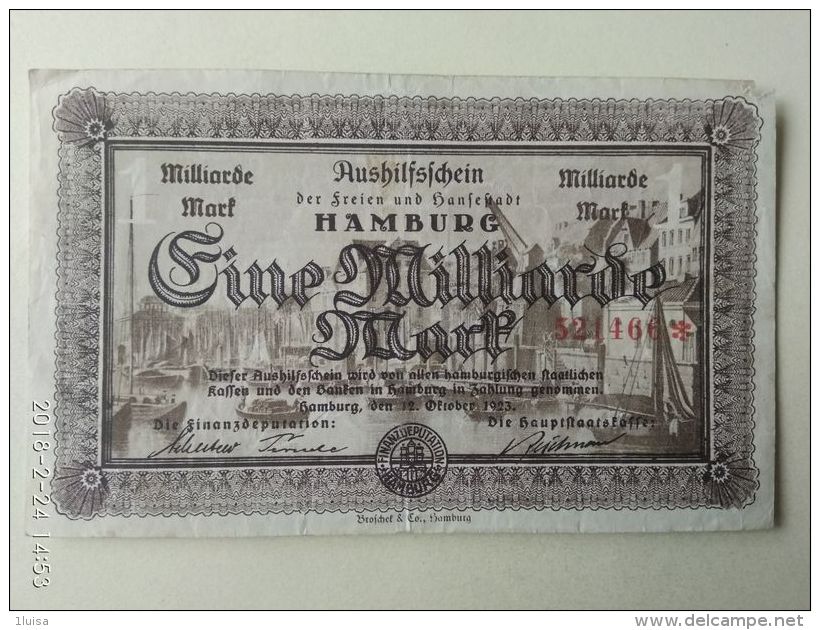 GERMANIA Hamburg 1 Miliardo Mark 1923 - [11] Emissioni Locali