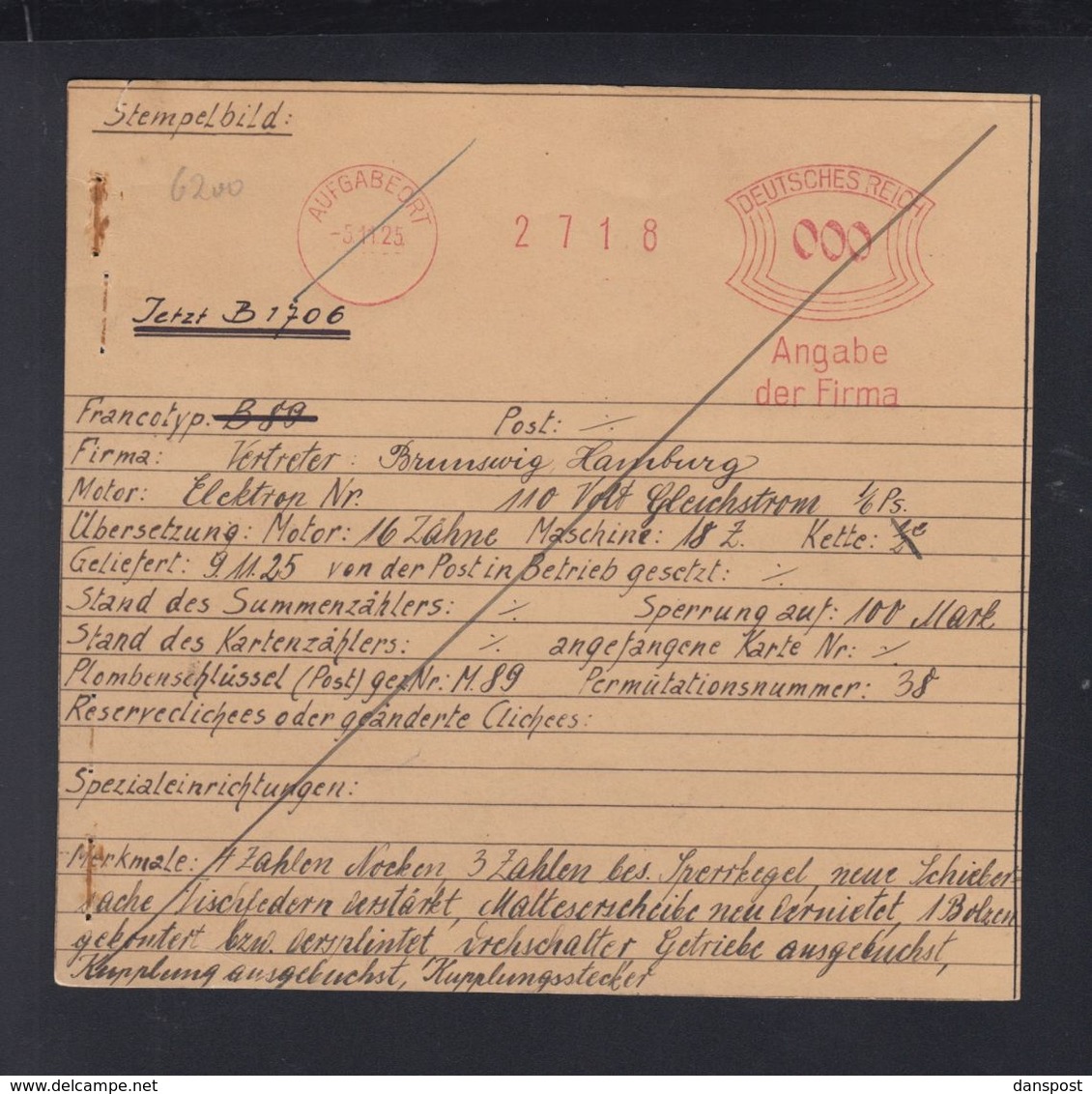 Dt. Reich Archiv- Und Reparaturkarte Fa. Francotyp 1925 - Maschinenstempel (EMA)