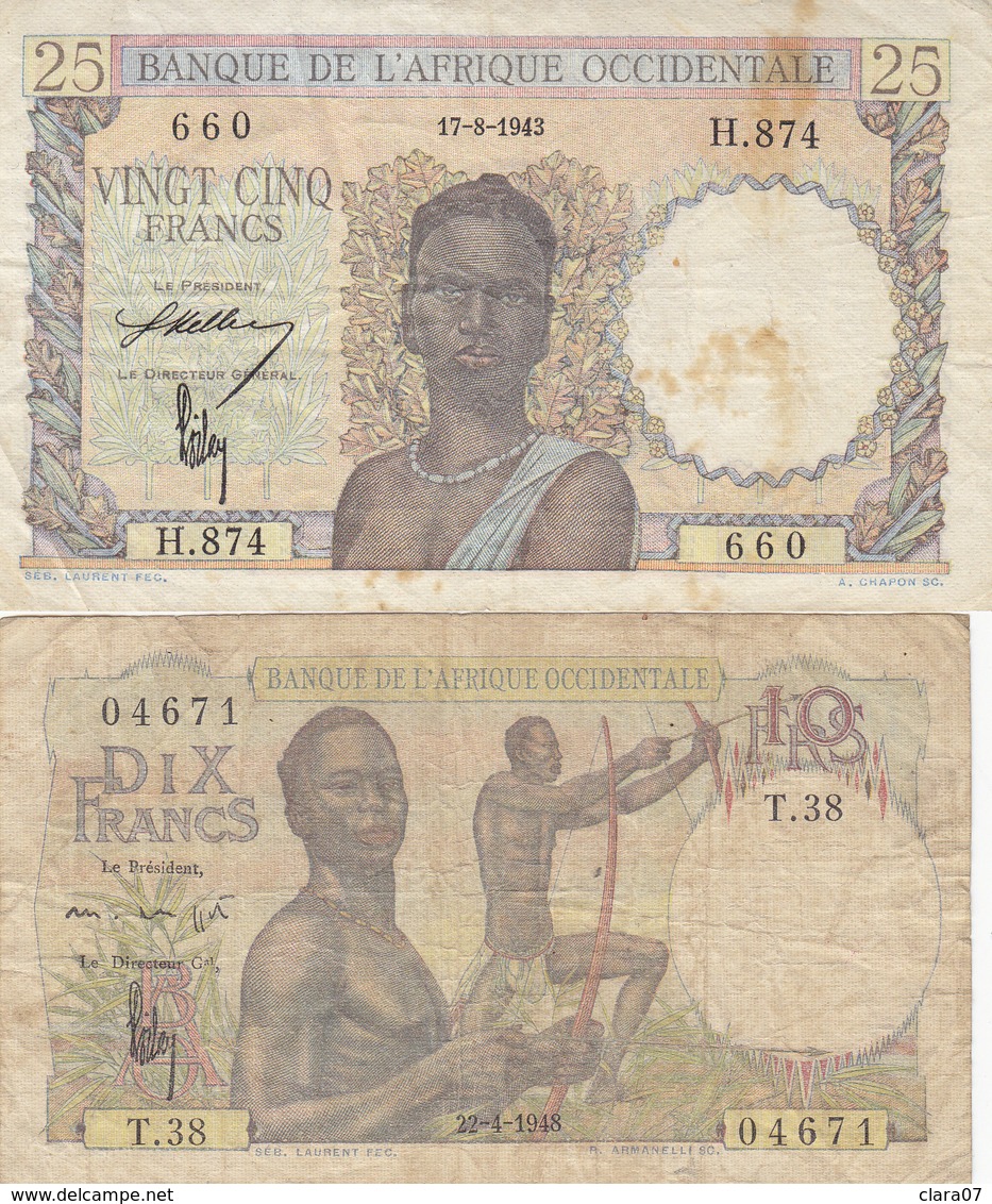 2 Billets Afrique Occidentale 25 Francs 25 F 1943 Et 10 Francs 10 F 1948 - Autres - Afrique