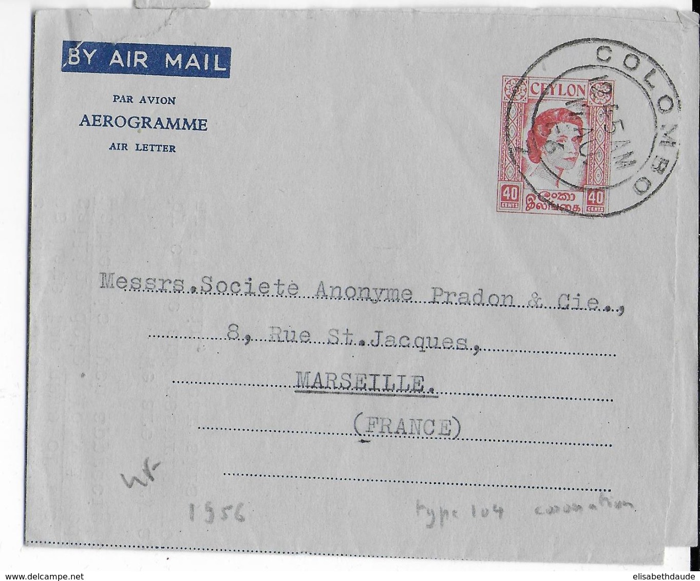 1956 - CEYLAN - LETTRE AEROGRAMME De COLOMBO => FRANCE - Sri Lanka (Ceylon) (1948-...)