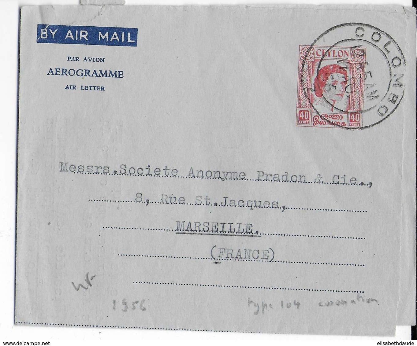 1956 - CEYLAN - LETTRE AEROGRAMME De COLOMBO => FRANCE - Sri Lanka (Ceilán) (1948-...)