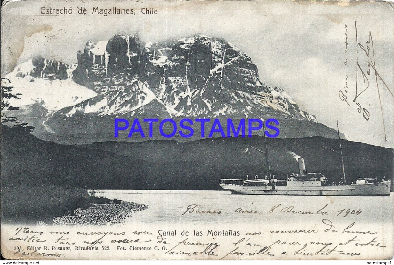 90426 CHILE ESTRECHO DE MAGALLANES CANAL DE LAS MONTAÑAS & SHIP CIRCULATED TO FRANCE POSTAL POSTCARD - Chile