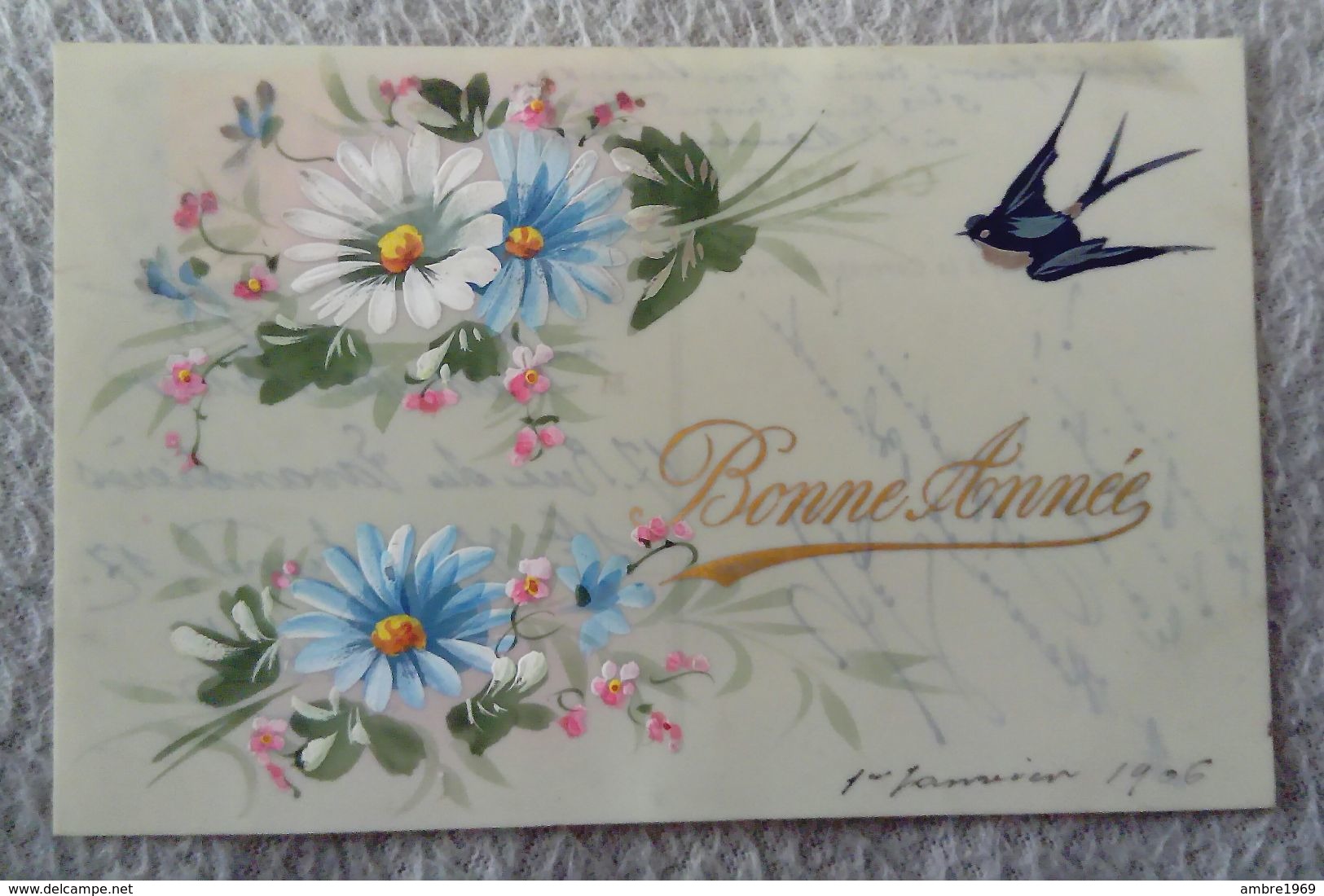 Carte Celluloïd - Bonne ANNÉE- Peintes à La Main Hirondelle Marguerite - Nouvel An