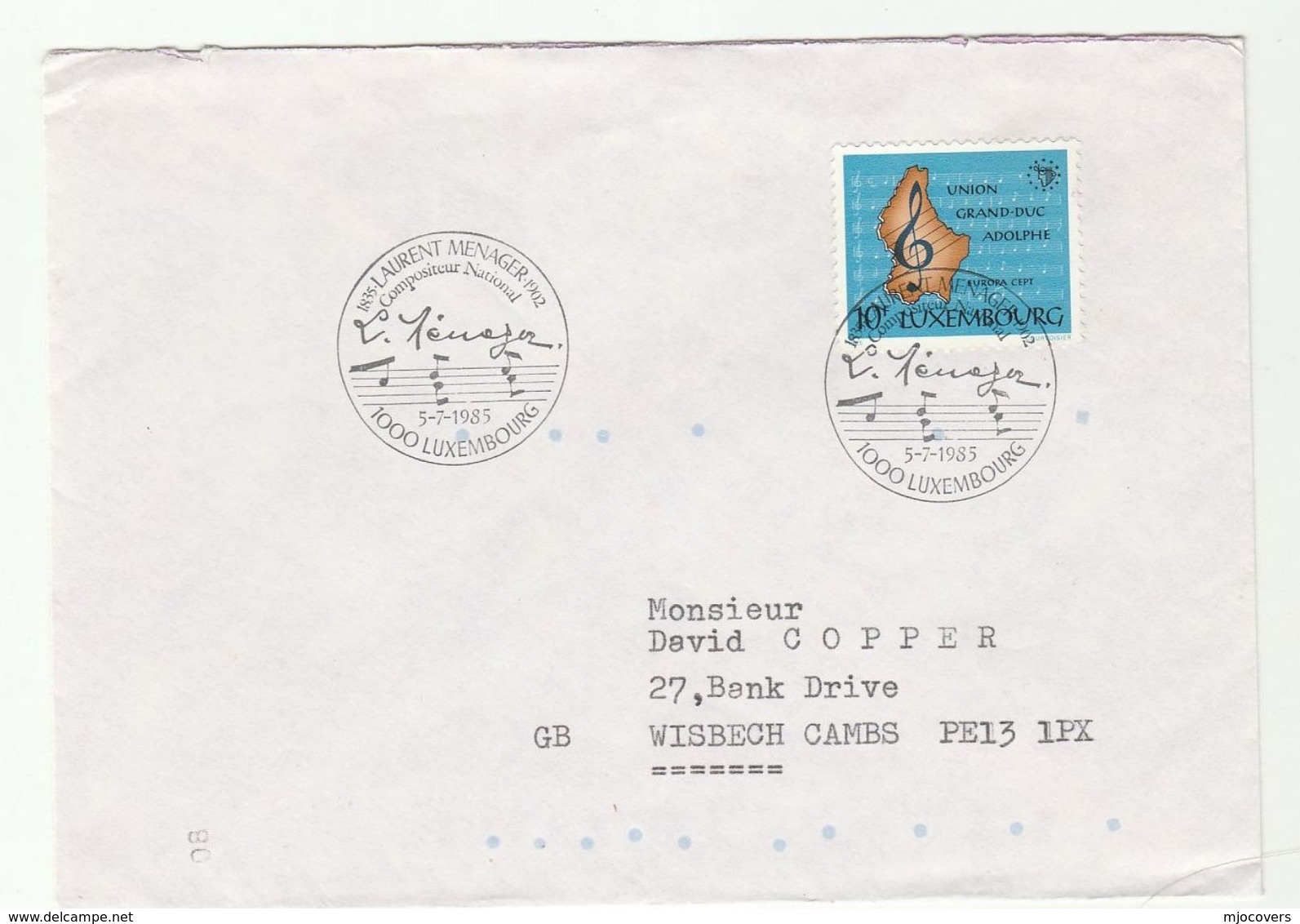 1985 LUXEMBOURG  EVENT COVER Music LAURENT MENAGER Composer , Stamps Europa - Music