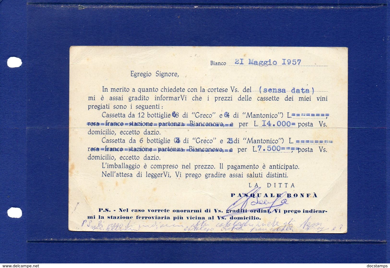 ##(DAN183)- BIANCO(REGGIO CALABRIA)--1957--VINO--UVA--PASQUALE BONFA'--VINI DI LUSSO E DA PASTO - Italia