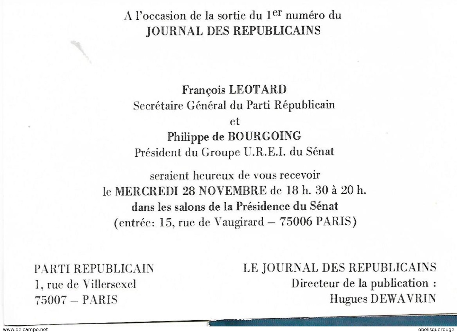 CARTON INVITATION FRANCOIS LEOTARD SG PARTI REPUBLICAIN RECOIT - Réceptions