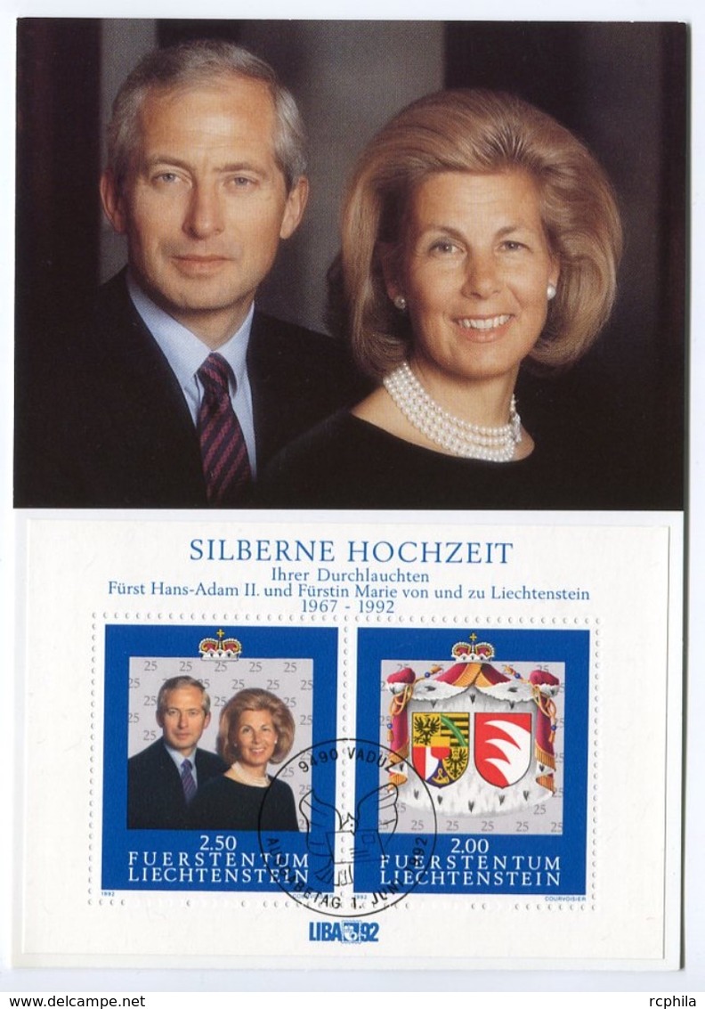 RC 7468 LIECHTENSTEIN 1993 NOCES D'ARGENT COUPLE PRINCIER BLOC FEUILLET CARTE MAXIMUM TB - Cartas Máxima