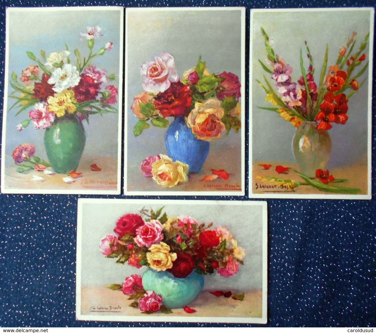 Cpa LOT 4X Litho Illustrateur LALANNE Stelhi  Bouquet Fleur Pot VASE 2x Rose Glaieul Oeillet - Collections & Lots