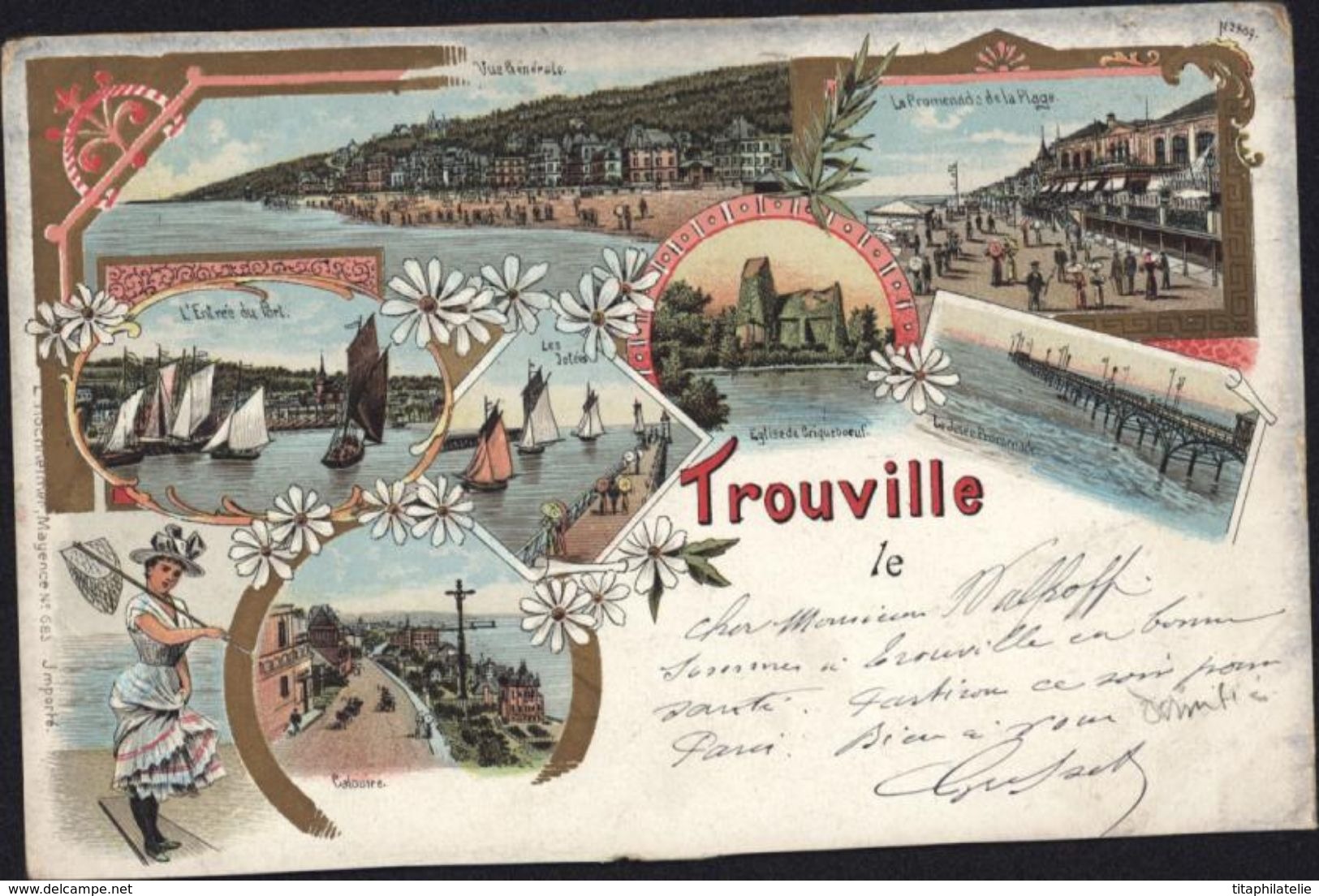 CPA Carte Postale Précurseur Trouville Style Gruss Circulée 1900 Jetées Entrée Du Port Promenade Plage église - Trouville