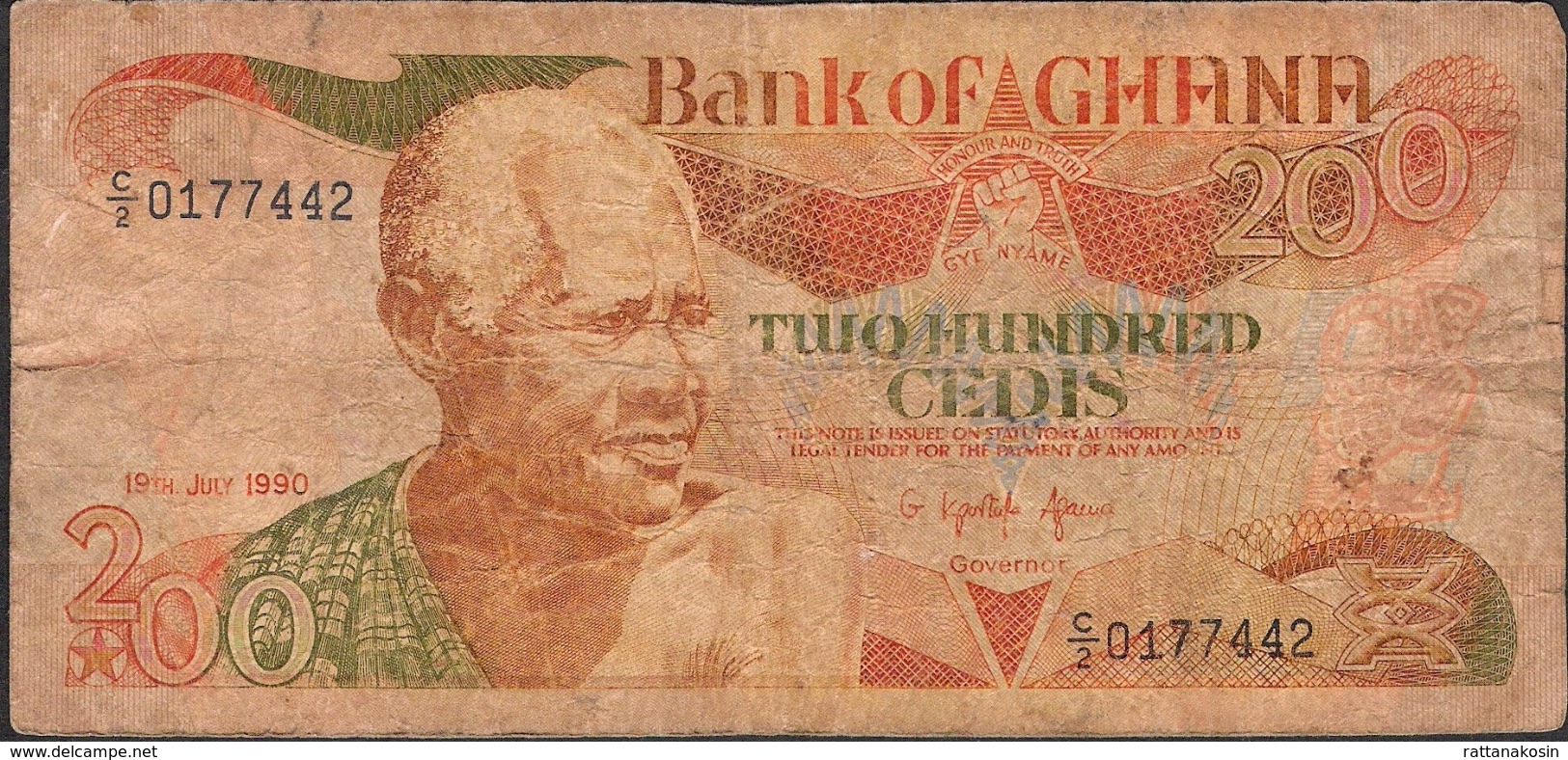 GHANA P27e 200 CEDIS 1990 #C/2  FINE ,dust And 2 P.h. ! - Ghana