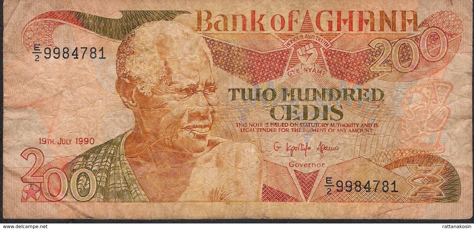 GHANA P27e 200 CEDIS 1990  #E/2    FINE ,dust But NO P.h. ! - Ghana