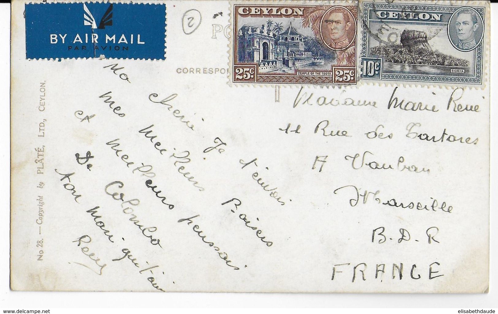 1948 - CEYLAN - CARTE POSTALE ILLUSTREE Par AVION => FRANCE - Ceylon (...-1947)