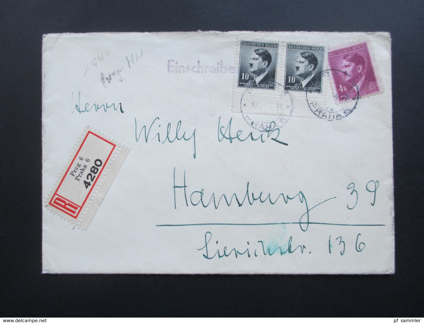 Böhmen Und Mähren 1942 Einschreiben Prag 6 4280 MiF Nr. 89 Unterrandpaar! + Nr. 103 Nach Hamburg. Bedarf! - Storia Postale