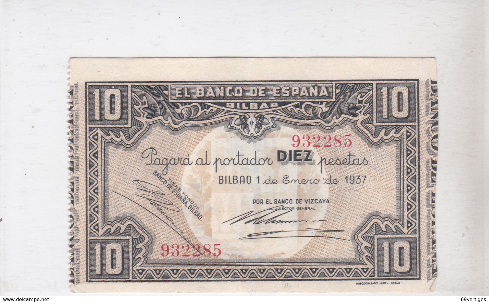 EL BANCO DE ESPANA, BILBAO,diez Pesetas, émission 1 Enero 1937 - 10 Pesetas