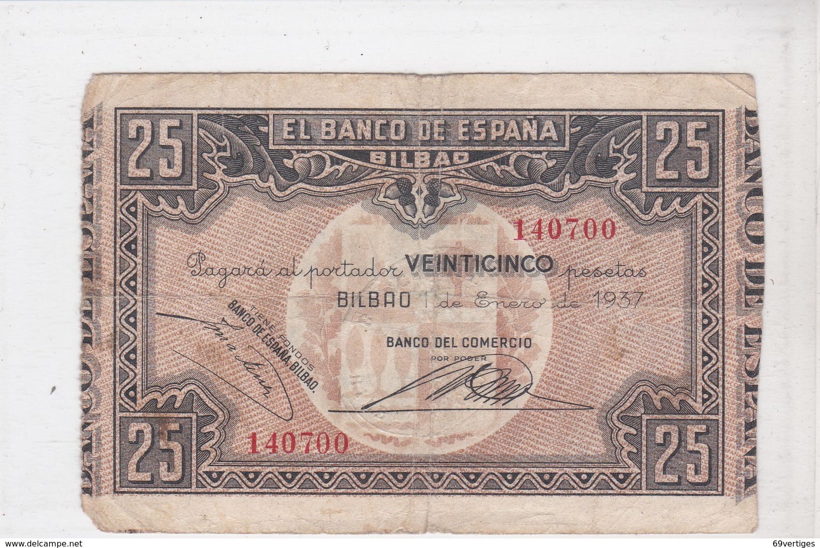 EL BANCO DE ESPANA, BILBAO, Veinticinco Pesetas, émission 1 Enero 1937 - 25 Pesetas